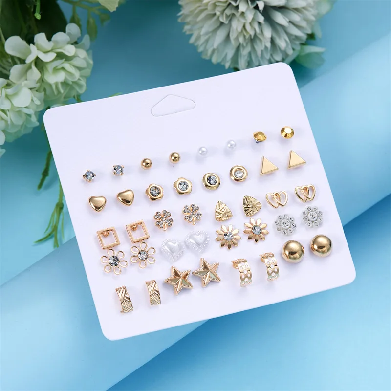 12 pairs of flower imitation pearl with diamond earrings round beads multi-color earrings set fashion temperament earrings
