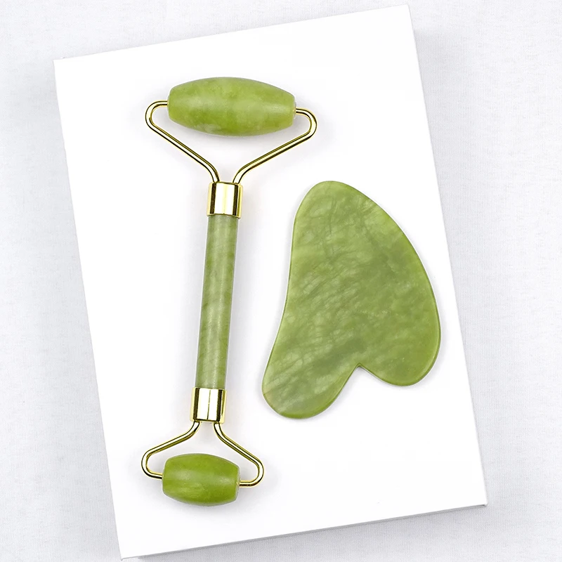 
High Quality Green quartz jade stone roller facial guasha massage tool Green jade roller gua sha with box 