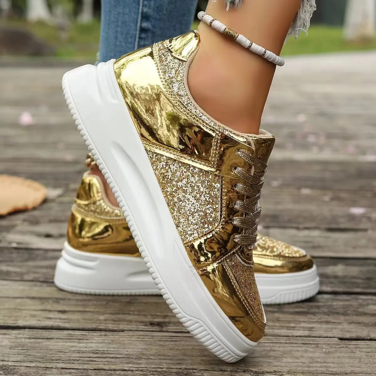 BUSY GIRL ZG4484 Sneakers for Ladies Walking Style Shoes Women Wholesale Gold Silver Sequin Size 11 Running