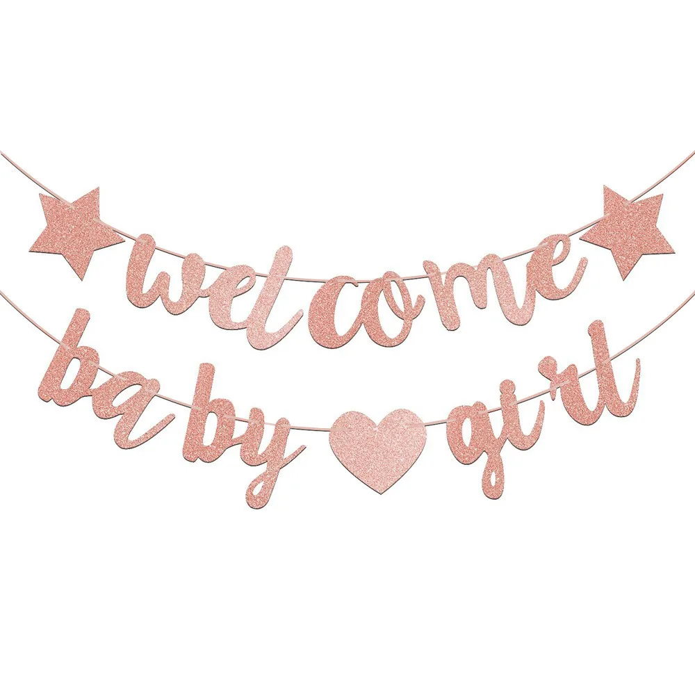 Welcome Baby Girl Boy Banner Baby Shower Pull Flag Gold Glitter Letters Party Decoration for Baby Arrival Party Flag