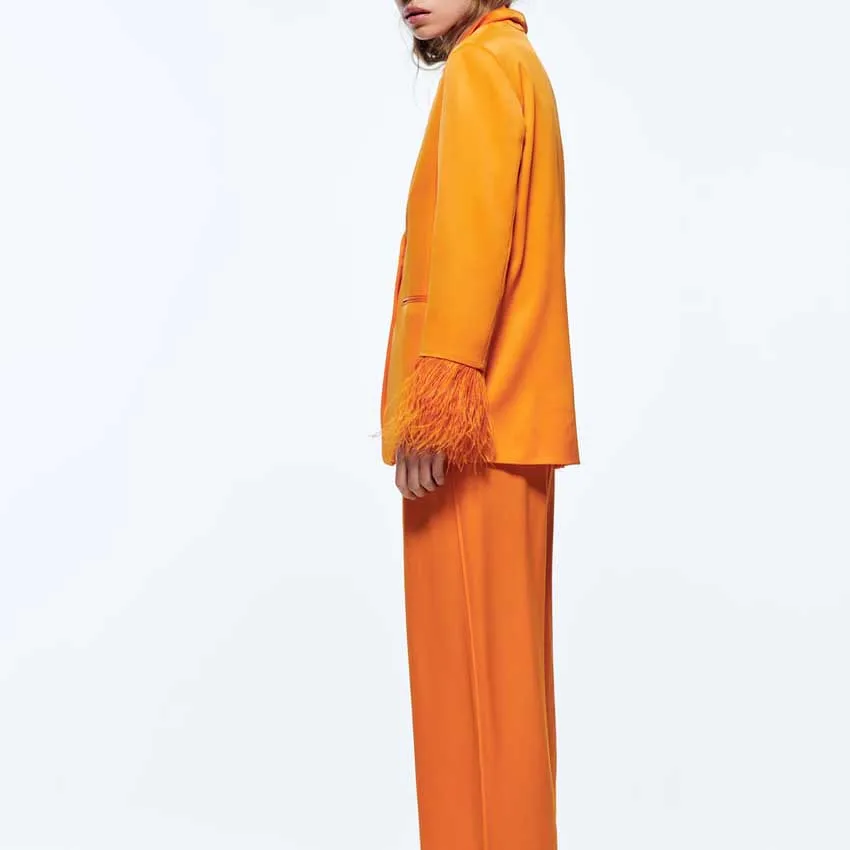 custom winter clothing women Satin effect  Long sleeves with removable tonal feathers blazers ladies women