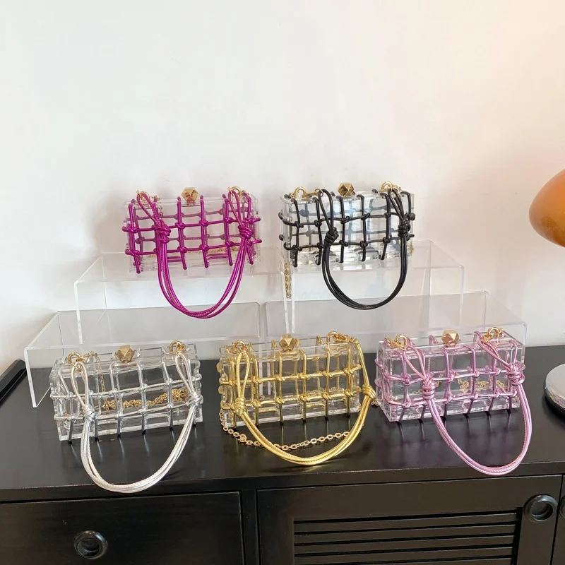 New Arrival Acrylic Transparent Evening Bag Woven Hollow Out Chain Square Bag Makeup Clutch For Ladies