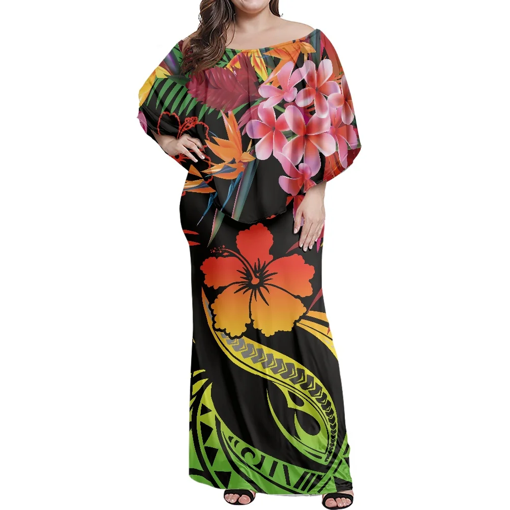 MOQ 1 Custom Low Price Dresses Hawaii Flower Polynesian Tribal Printed Wedding Dress Off Shoulder Wedding Dress