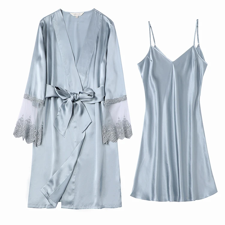 Wholesale women 100% silk nightgown luxury two piece mulberry silk slip dress and robe set