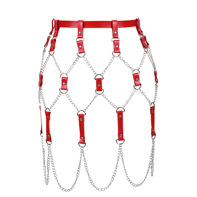 PU Leather Adult Bondage Blet with Chain Fetish Slave Sex Toys For Bondage Chain For Female Leg Strap Mesh Skirt
