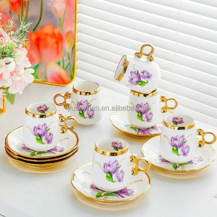 European Afternoon Tea Handmade Ceramic Gold Plated Custom Printed Design Arabic Wholesale Tea Turkish Coffee Cups And Saucers