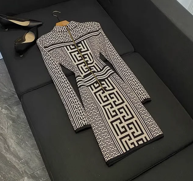 2024 Newest Designed Geometric Pattern Spring Lady Long Sleeve Stand Collar Slim Fitted Women Knit Short Dress