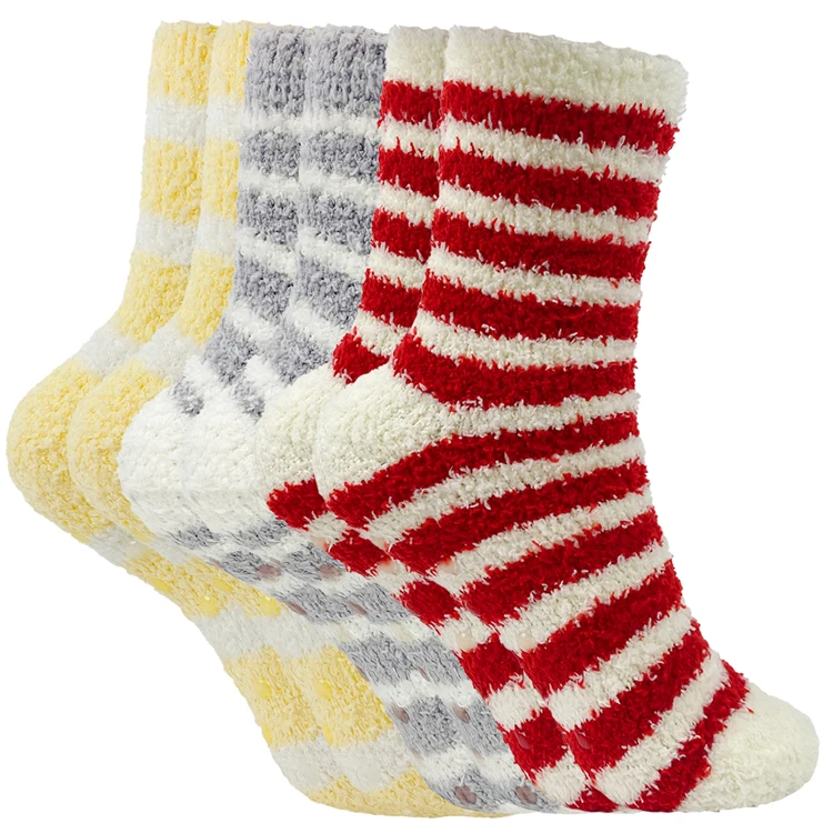 Winter Women Warm Super Soft Non-Slip Grip Sock Fluffy Microfiber Casual Home Sleeping Fuzzy Cozy 2 tone Striped Sock