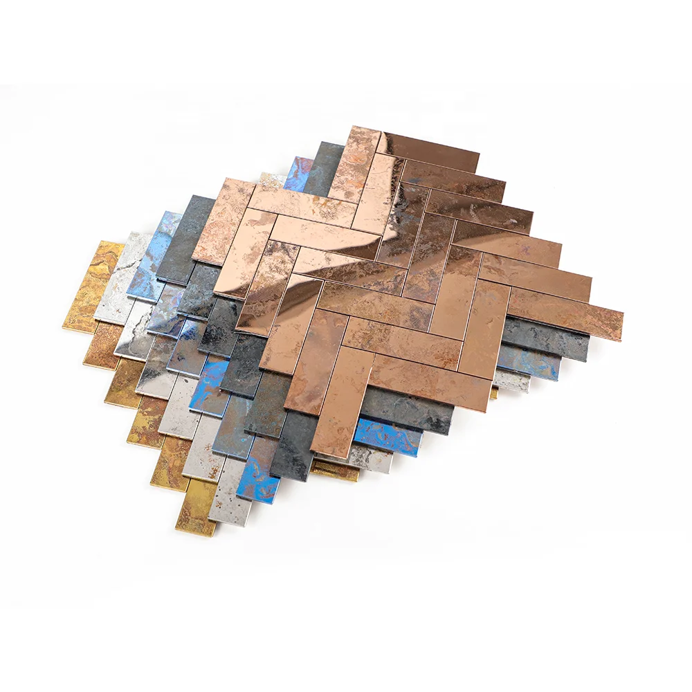 Herringbone Distressed Metal Aged Rust Copper Stainless Steel Peel and Stick Mosaic Tiles