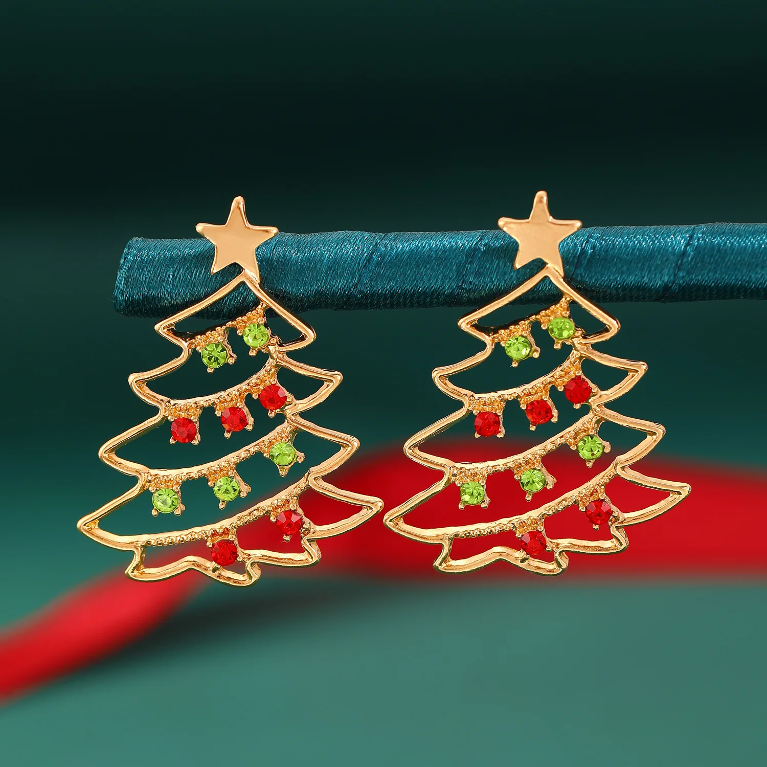 Personality Gold Plated Tree Star Stud Earrings Jewelry Bling Cubic Zircon CZ Christmas Tree Earrings for Girl Gift