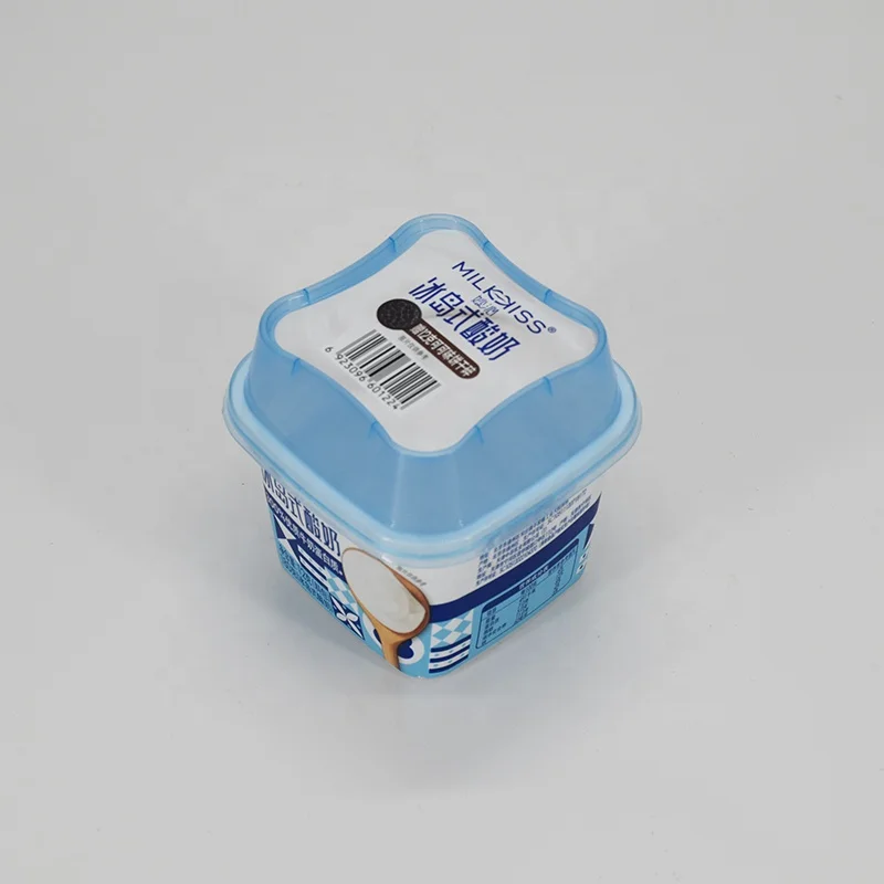 In mold labeling microwavable plastic container PP material square plastic desert cup with lid for yogurt/ ice cream