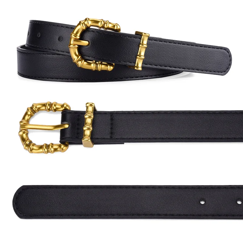 Women Faux Leather Fashion Belt with Metal Bamboo Shape Buckle Ladies Needle Buckle Waist Belts For Dress