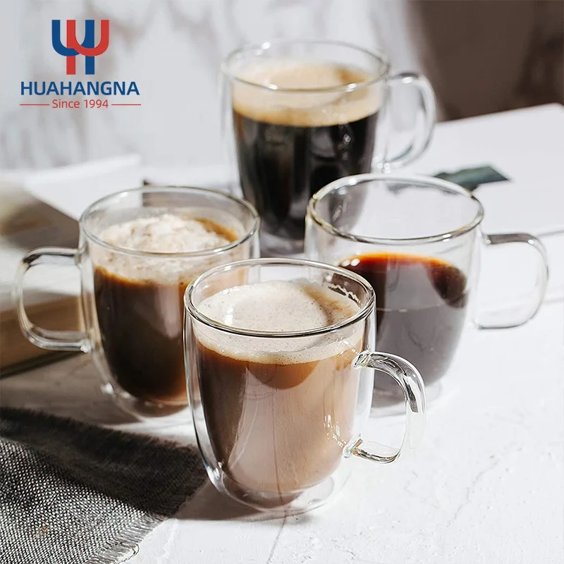 Handblown High Borosilicate Transparent Glass Drinking Mug Double Wall Glass Coffee Cup with Handle