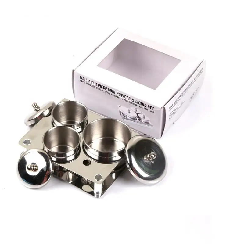 Newest Mini Nail Art Stainless Steel Sterilizer Tray 3pcs/set Metal Dappen Dish Powder Holder Container