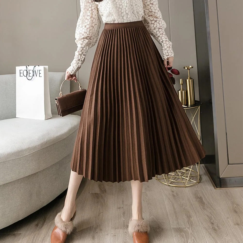 Woolen Pleated Skirts Womens Fashion High Waist Black Gray Skirt Loose Thick Warm 2021 Autumn Winter Long Skirt VD2382