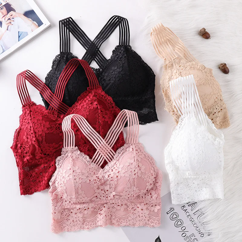 Lace Bralette Halter Bras Criss-cross Back Lace Bra Half Cup Bra Free Size Young Girls Sexy Plain Dyed Padded Deep V Neck Women