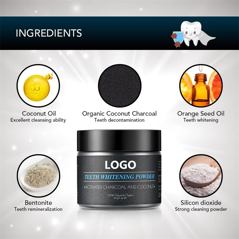 100% Natural organic bentonite clay black charcoal tooth powder brands charcoal tooth whitening powder