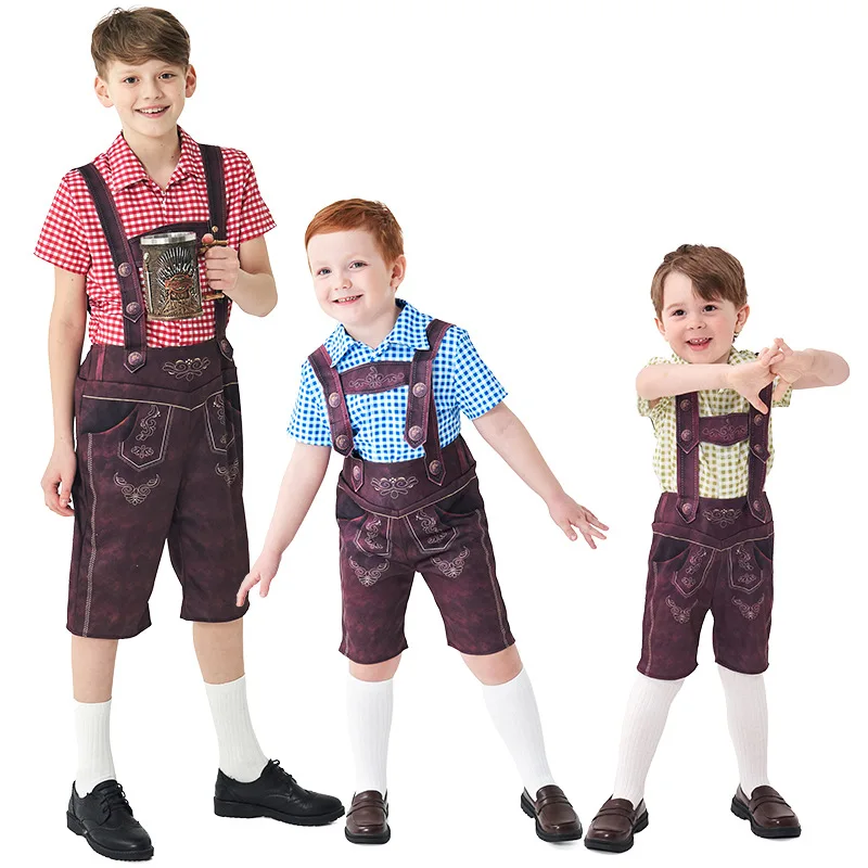 Germany Oktoberfest Costume for Kids Boys Plaid Shirt Suspender Shorts Bavarian Festival Party Games Clothes Carnival Costumes