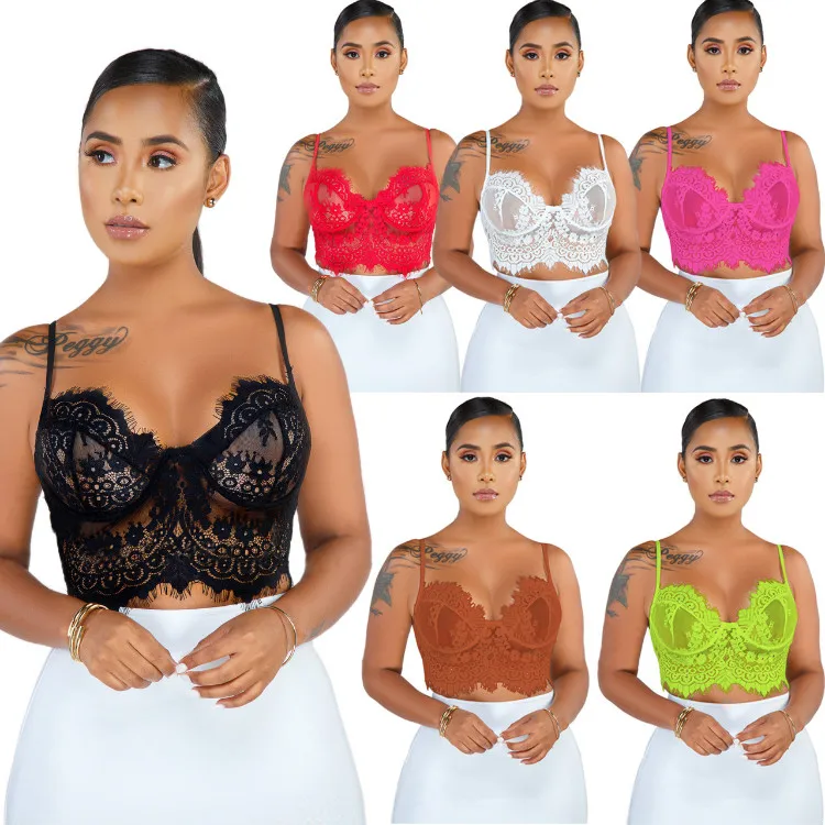 2019 Sexy See Through Lace Camisole Tank Top Lace Crop Top Outfit with Wire Ladi Bra Crop Top Lace Women