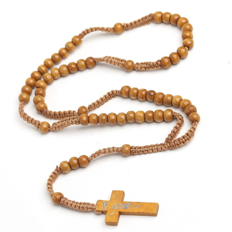 Hot Natural Wood Beads Cross Pendant Necklace Christian Rosary Necklace Hand-woven Necklace Jesus Catholic Religious Jewelry