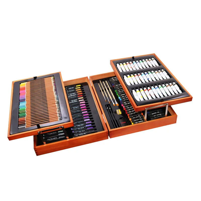 174 Pcs Double Layer Wood Box Packing Gift Set Drawing Painting Colorful Pencil Watercolor Pen Marker Pen Art Set