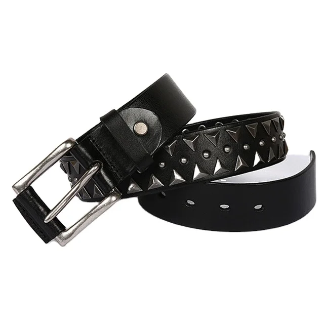 2020 new triangle rivet head layer cowhide belt 3.8 width men and women type black cowboy belt wholesale manufacturers