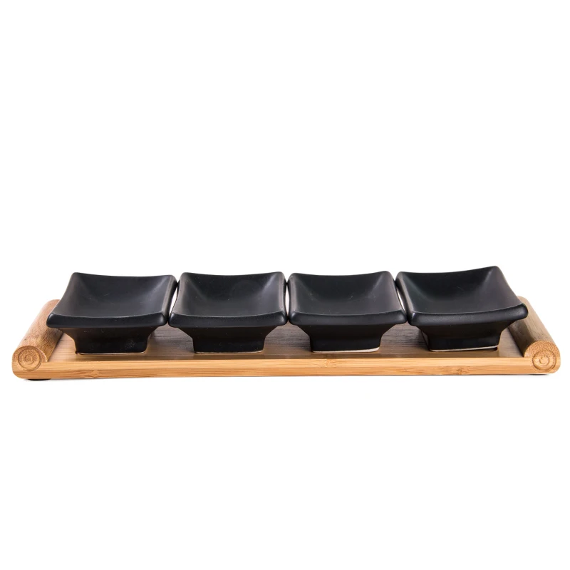 Japanese Style Tiktok Matte Black Rectangle Small Snack Dish Porcelain Sushi Plate Ceramic Black With Bamboo Tray
