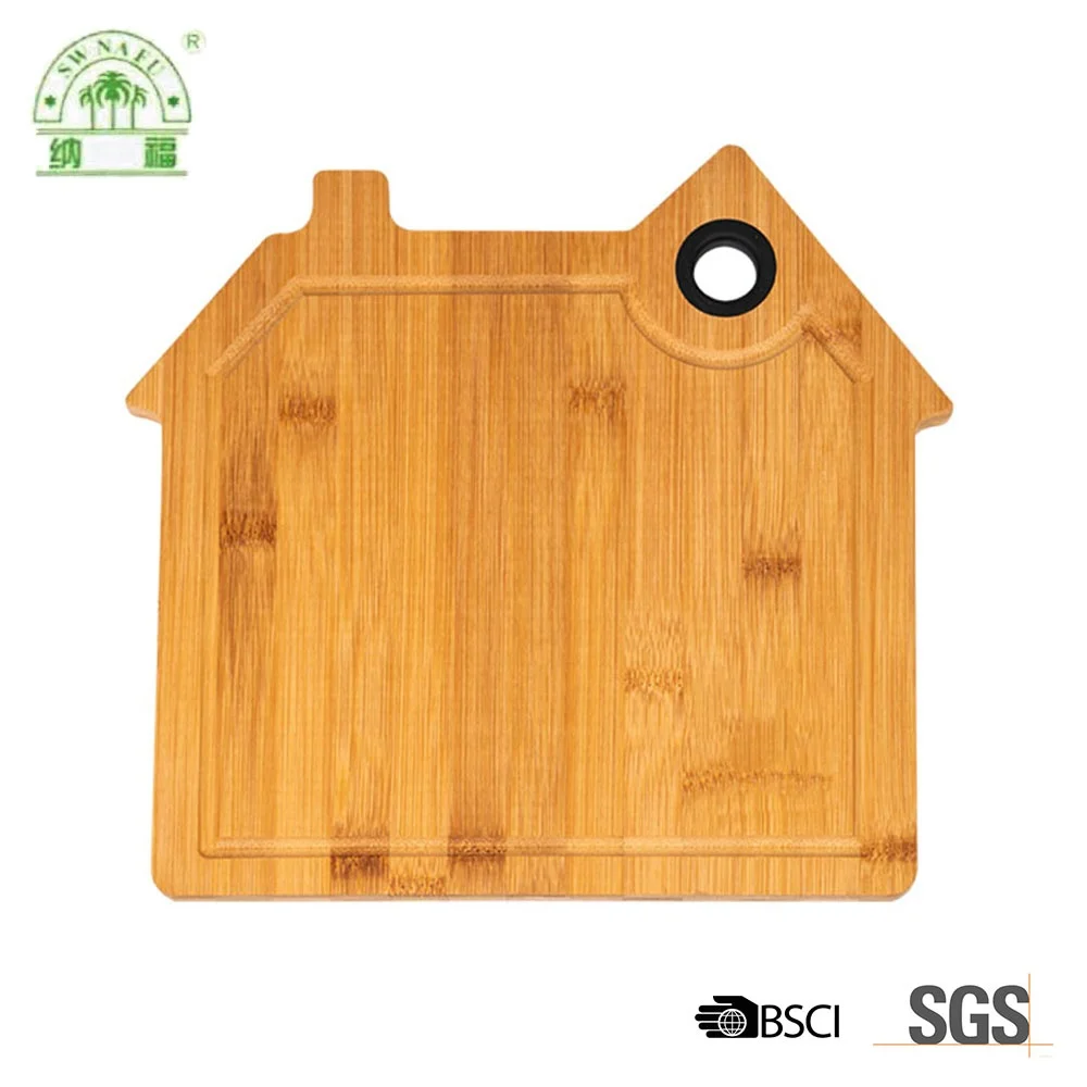 Smart house shaped bamboo cutting board with juice groove and silicone hanging hole
