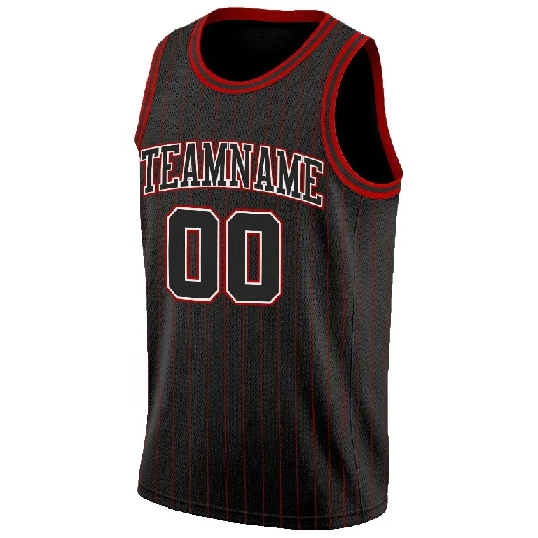Latest Custom Youth Black And Red Pinstripes Reversible Basketball Jerseys Uniform