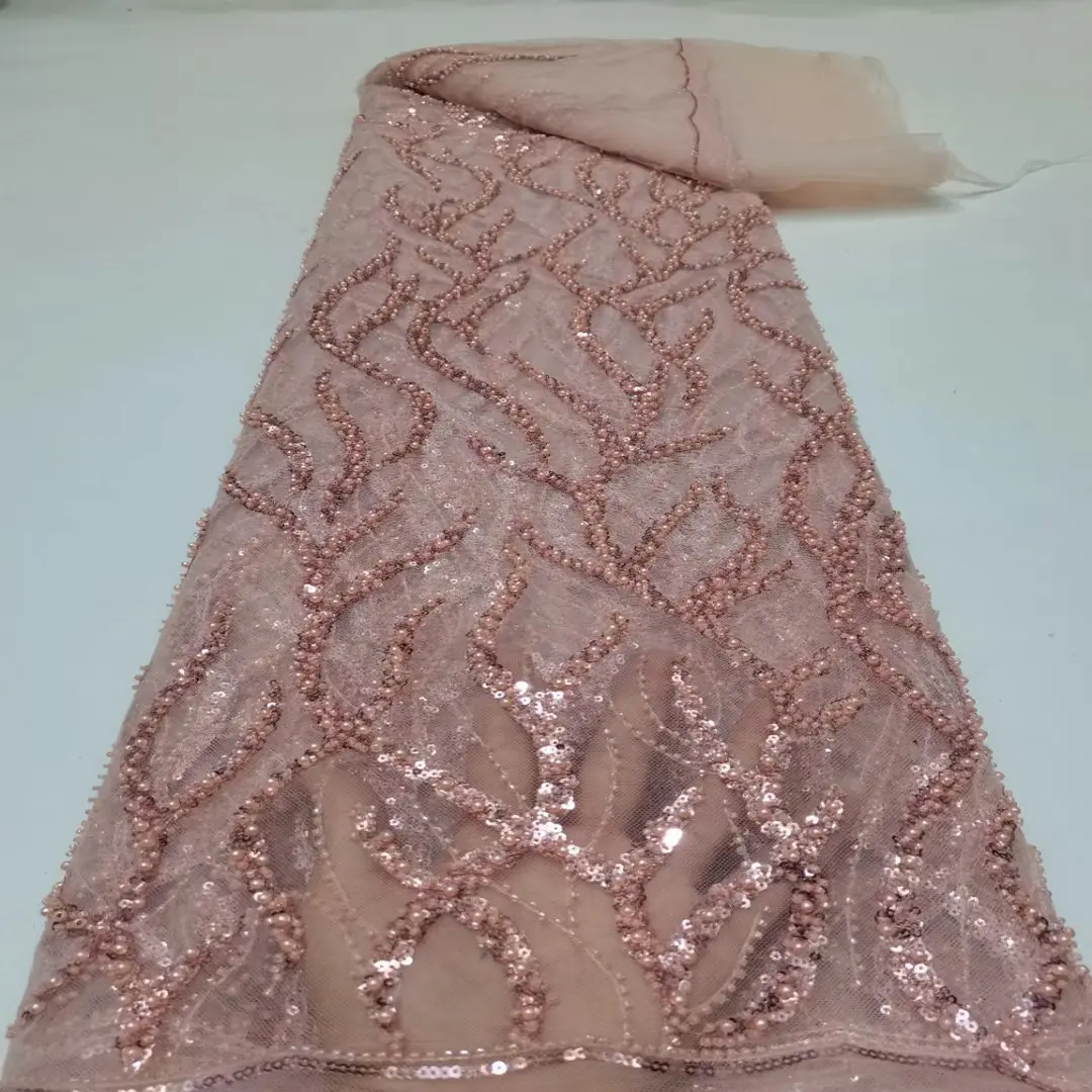 French beautiful sequins beaded lace striped high-end wedding dress fabric