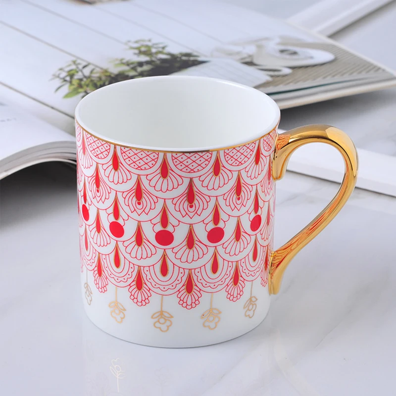 Wholesale 400ml Luxury High Temperature Red Blue Ceramic Coffee Mug With Gold Rim