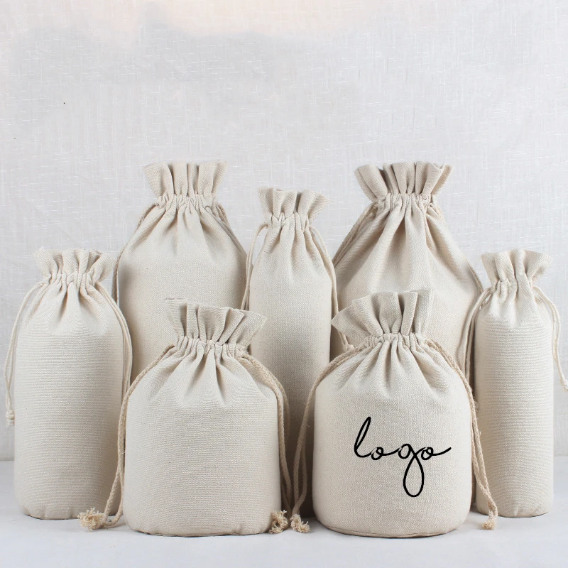 Personalized natural white canvas cotton drawstring bag with double cotton string round bottom