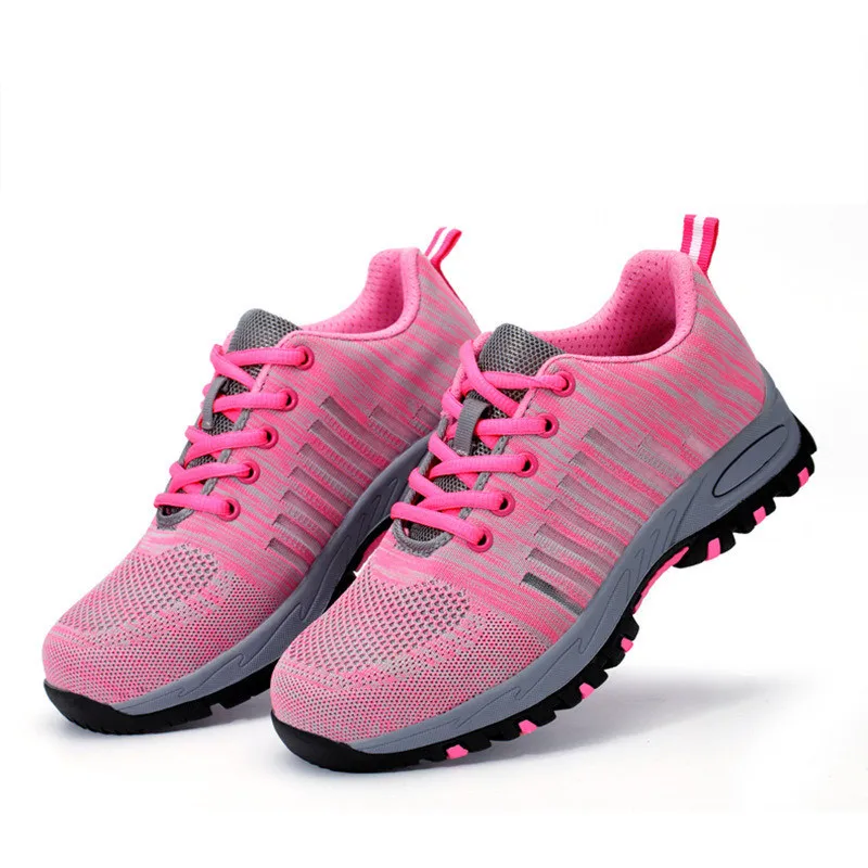 
new style fashion fly knitting pink mesh cloth Anti-smashing and anti-stabbing women safety work shoes 