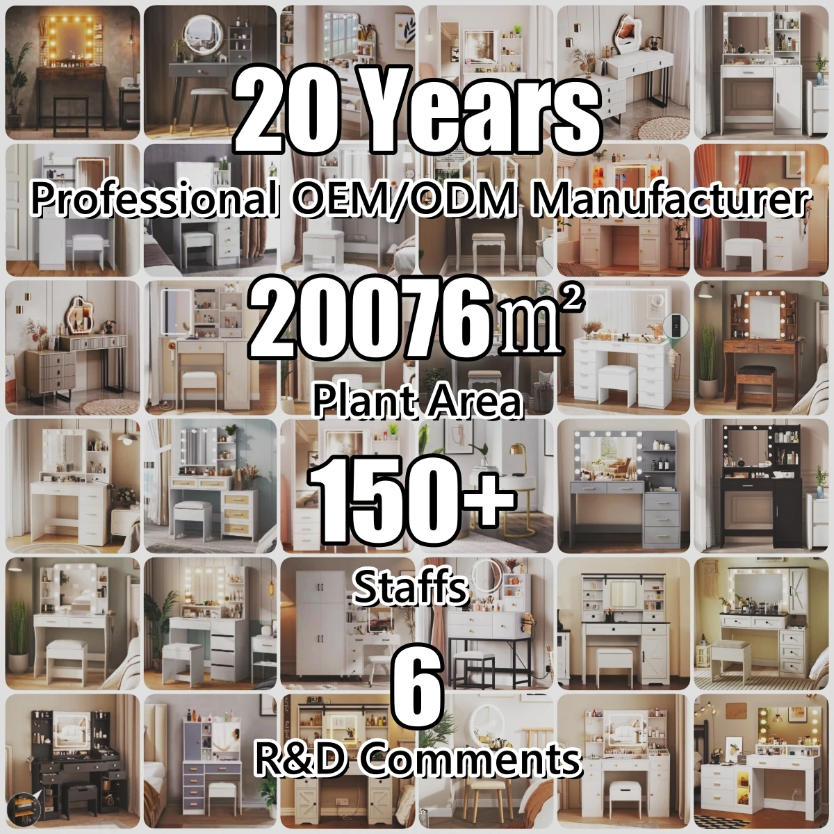 Farmhouse Rustic Bedroom Women Big Make up Dressing Vanity Table Desk with Stool Chair and a LED Mirror and 5 Drawers