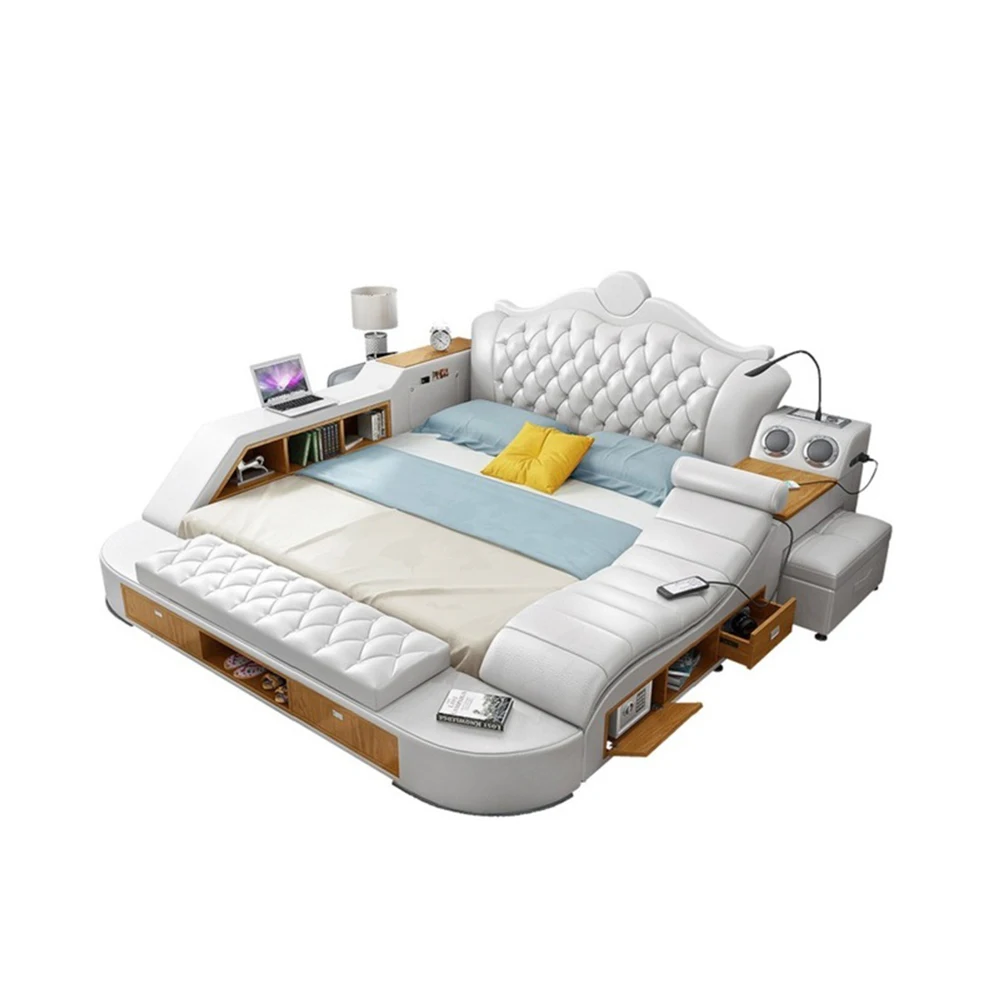 Luxurious Modern Leather Message Bed Smart Sofa Bed Multimedia Speaker USB Charger Bedroom Furniture