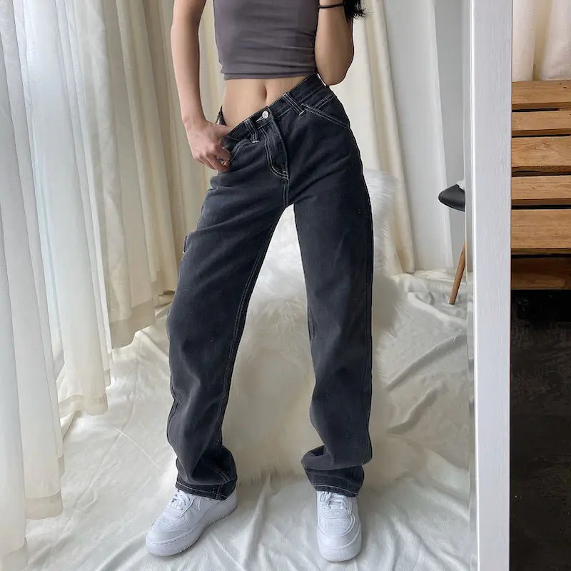 2021 New Jeans For Women Blue Loose High Waist mom Large Size Straight pants Long Loose Wide Leg Women Jeans streetwear