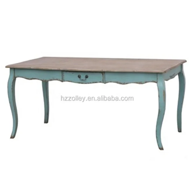American Retro Style Antique Solid Wood Sky Blue Rectangular Dining Table