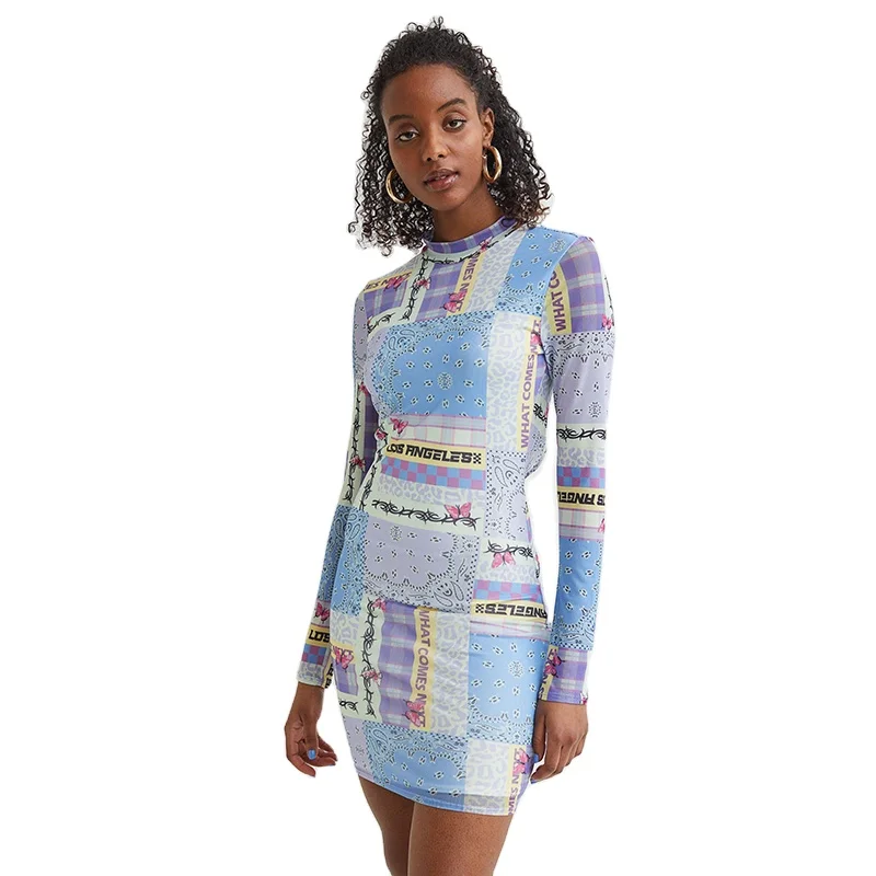 Hot Selling Stylish Sexy Paisley Print Low Stand-Up Collar Long Sleeves Backless Mini Dress For Women