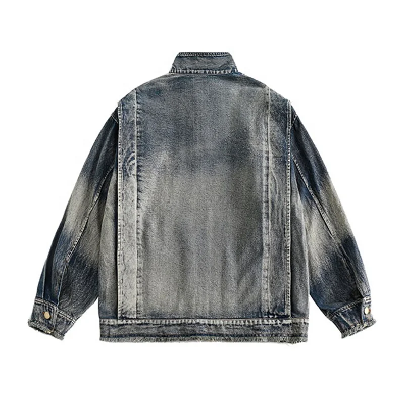 Custom High Quality Classic Washed Jeans Jacket With Metal Snap Button Raw Hem Zip Up Casual Streetwear Denim Jacket For Men
