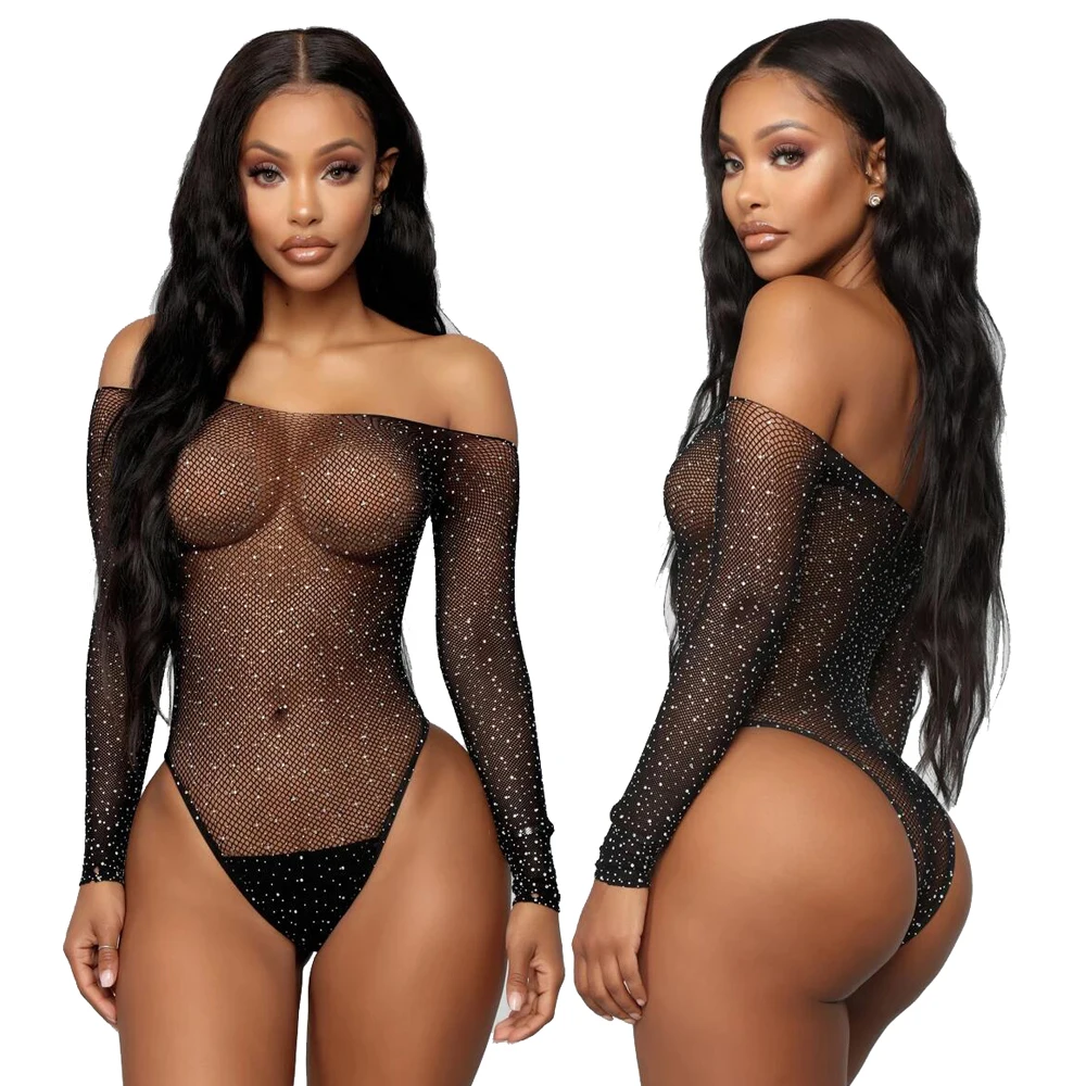 Dropshipping Sexy Ladies Lingerie Custom Rhinestone Lingerie Hot Transparent Erotic Bodysuit Sequin Fishnet Lingerie Women