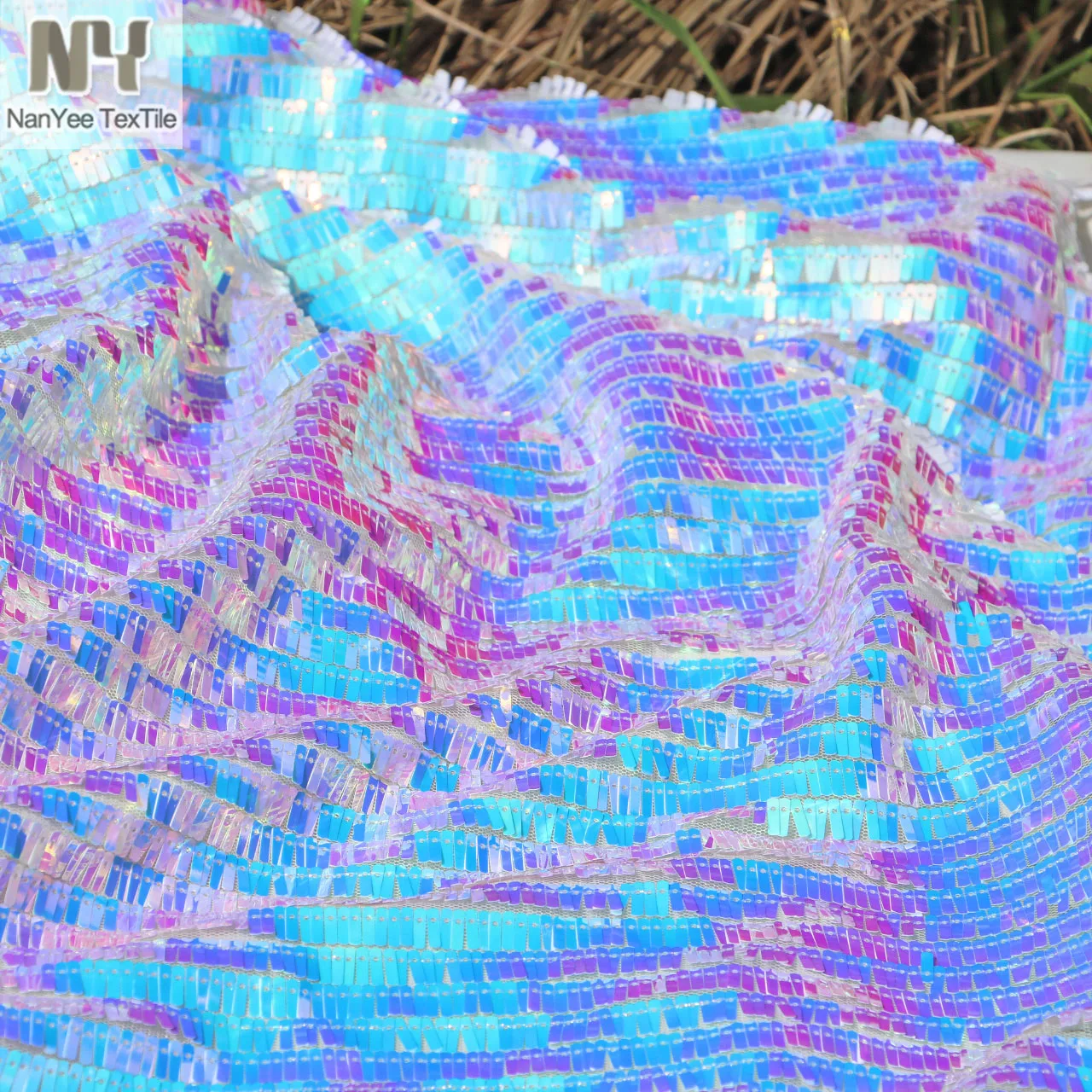 Nanyee Textile 10mm Size Mermaid Blue Iridescent Color Rectangle Sequin Embroidery Fabric