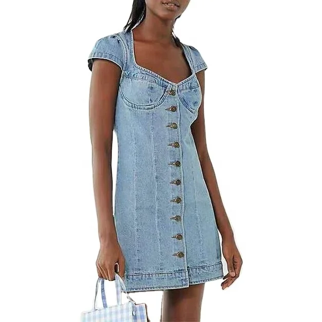Casual Denim Sundress for Women Lace Button Decoration Simple Formal Style Bow Neckline Logo Front Back Summer Dresses Sleeves