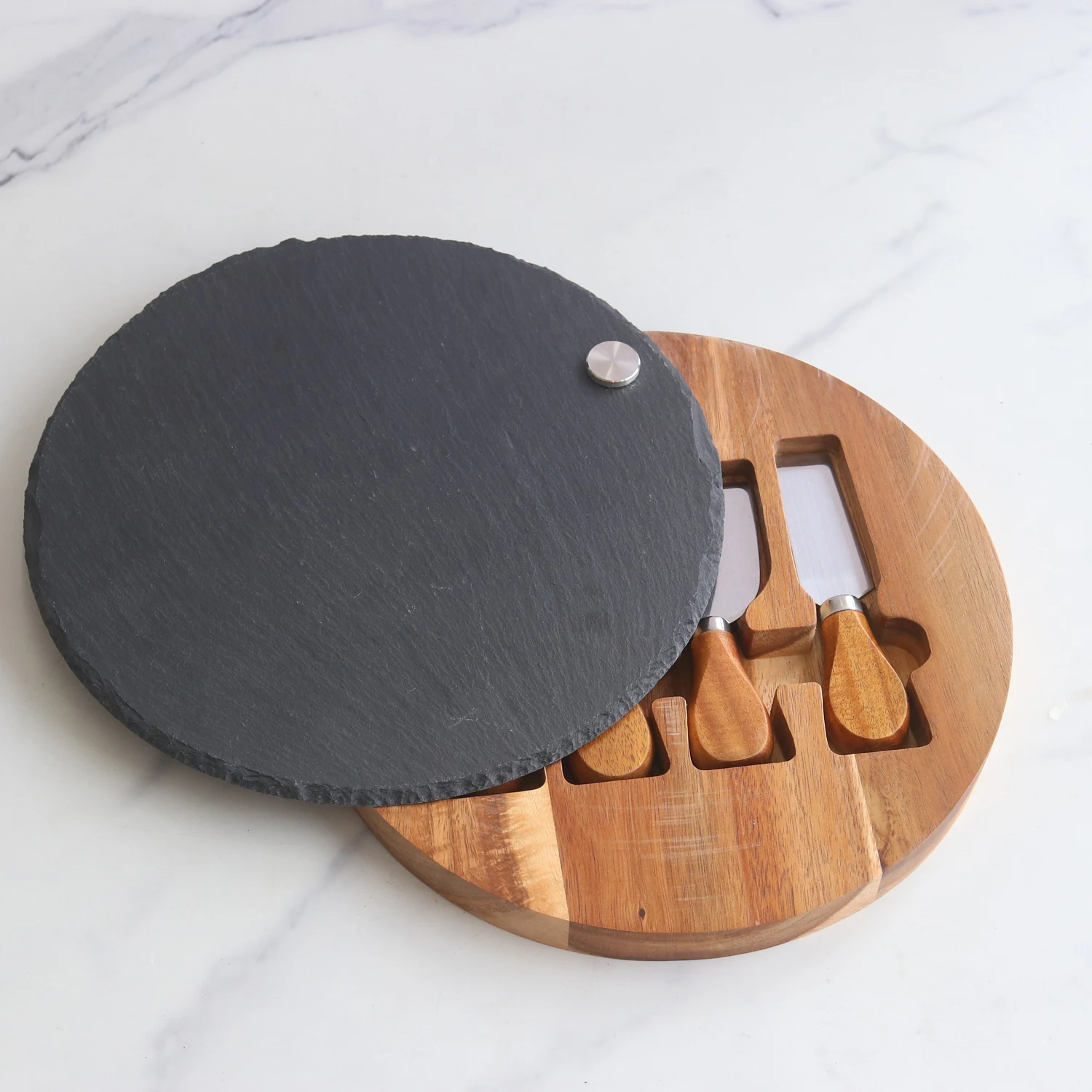 House Round Cheese Board removable circular chipping serving Slate Acacia Wood set of 4 cheese knives and fork server