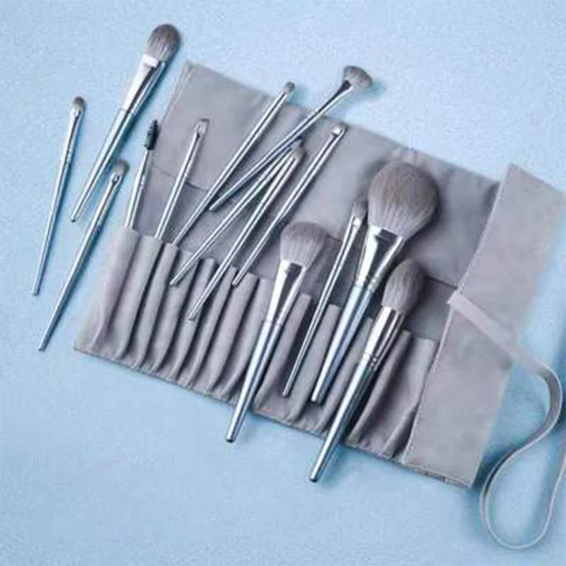 HXT-053 14pcs premium fluffy vegan hair silver makeup brushes set private label professional