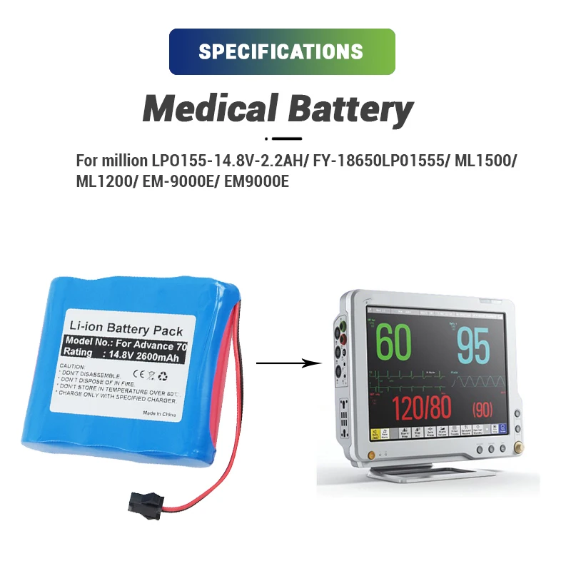 Replacement Lithium-ion 14.8V 2600mAh Rechargeable li-ion ML1500 Vital Signs Monitor Medical Battery For LPO155-14.8V-2.2AH
