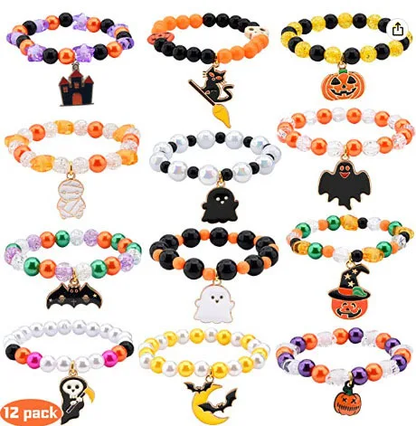 Halloween Bracelet Pumpkin Ghost Bat Pendant Bracelet Skull Spider Beaded Decoration Party Fashion Jewelry Accessories Gift