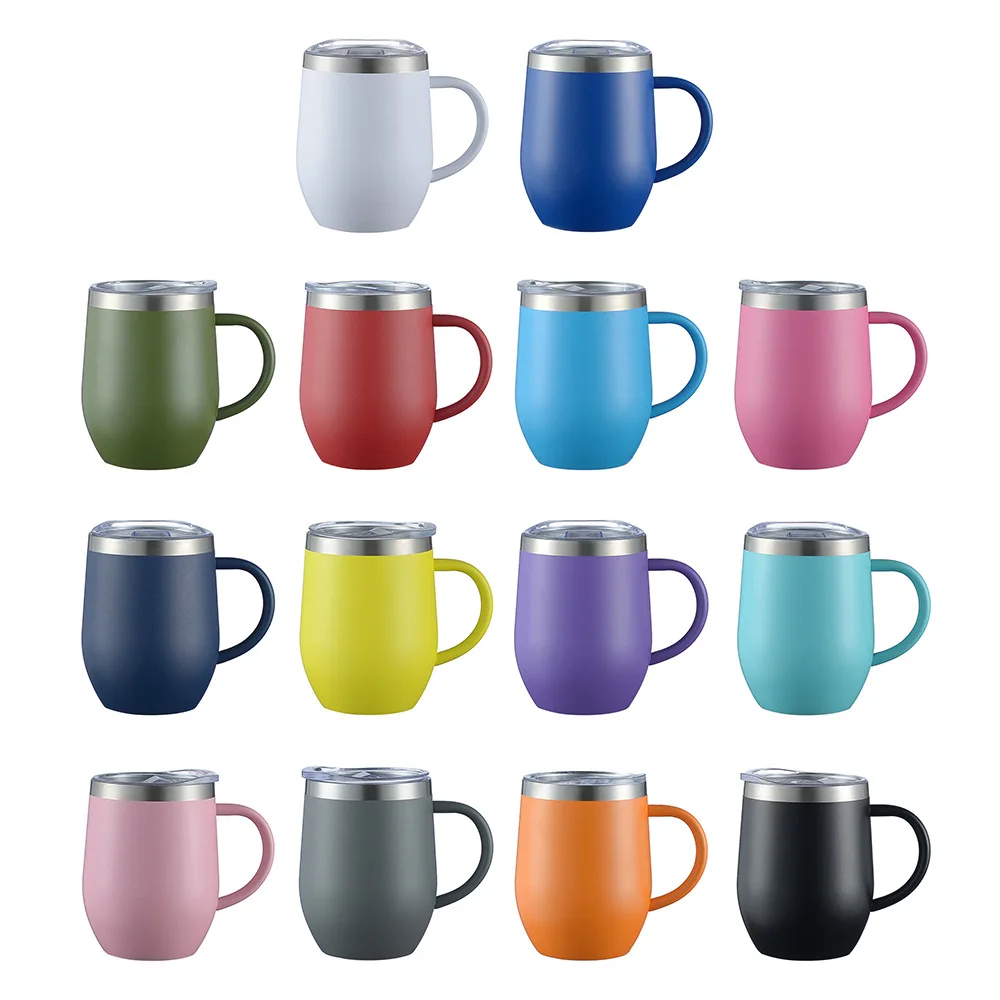 12oz powder coated coffee cup with handle  stainless steel wine tumbler egg shape double-layer vacuum insulation mug