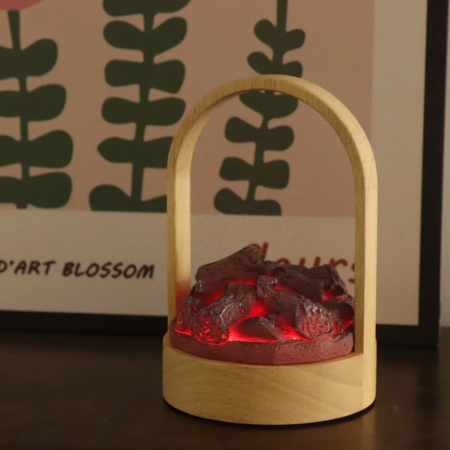 USB Decorative Lighting Rock Flame Lamp Battery Rechargeable Table Lamps Home Decor Luxury Resin Night Lights With Led Wood Base