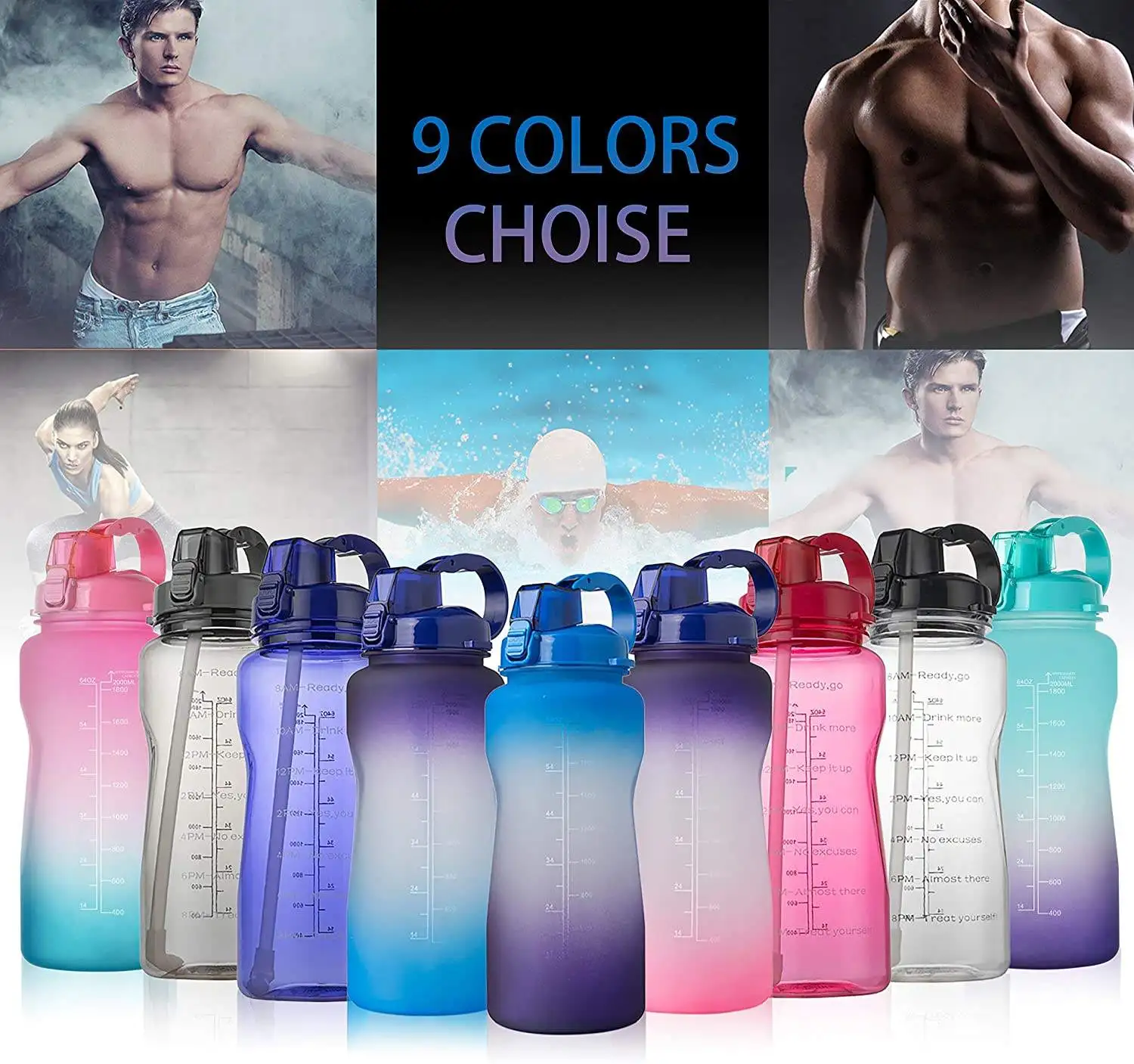 wholesale products 2000ml 64oz Tritan Hot Motivational Water Bottle with Handle & Removable Straw Water Jug with Time Marker