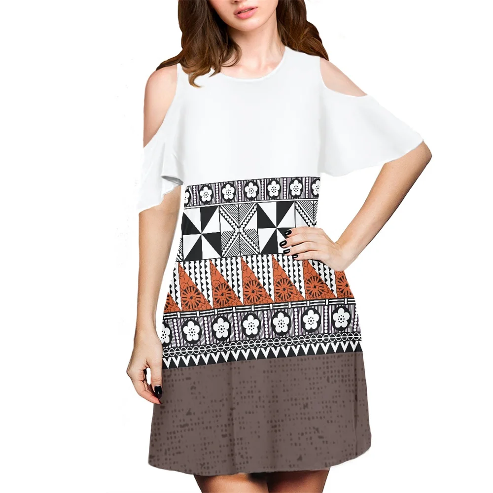 Streetwear Apparel Manufacturers Polynesian Tribal Hawaiian Dresses Purple Palm Leaves Flower Print Custom Cold Shoulder Dress